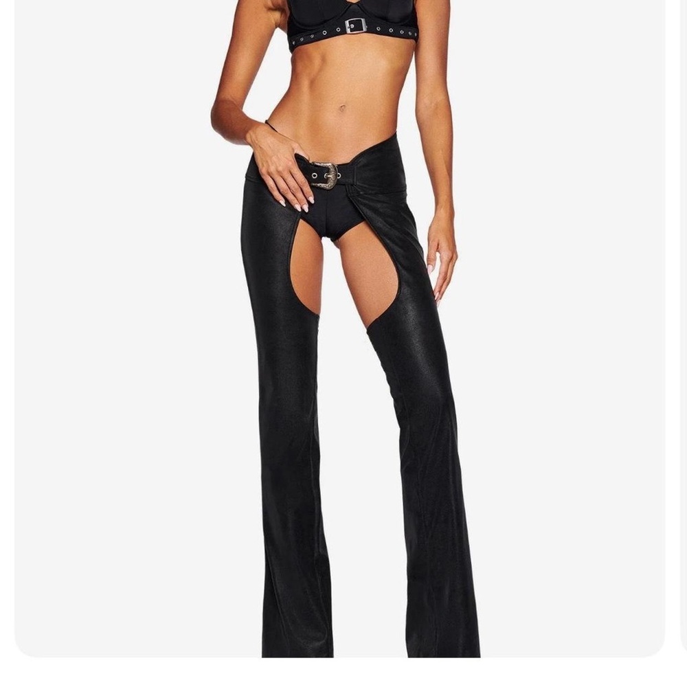 High-Waist Black Cut-Out Flare Pants with Buckle Detail
